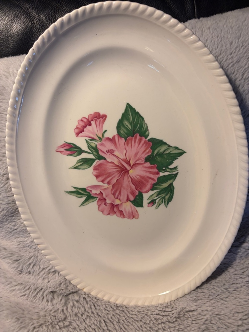 Vintage Ceramic Oval Sovereign Potters Serving Platter with Pink Hibiscus